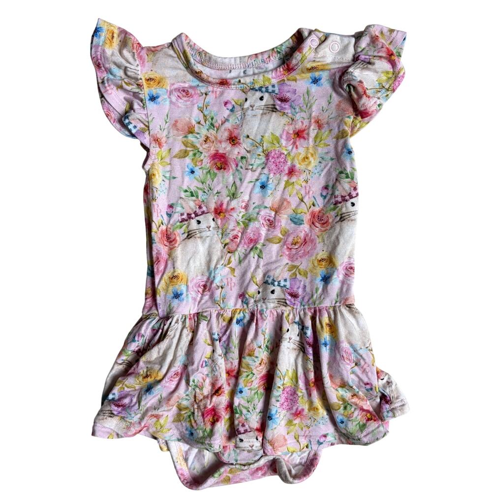 Posh Peanut Ruffled Cap Sleeve Twirl Skirt Bodysuit (Rose / Rosie Easter Print)
